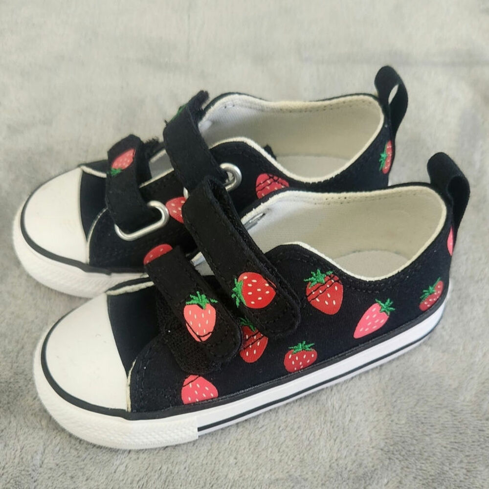 Converse girls toddler size 8 black w strawberries Velcro light weight